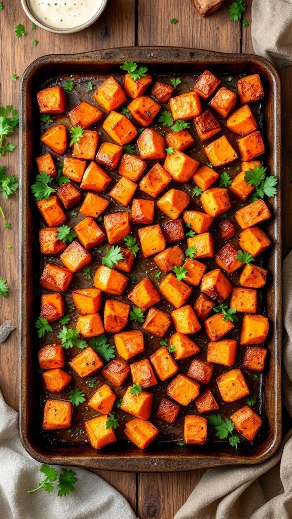 A tray of roasted sweet potatoes garnished with parsley.