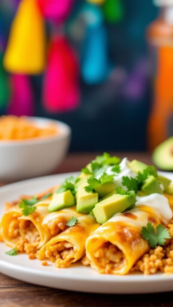 A plate of rotisserie chicken enchiladas topped with avocado and cilantro, with a colorful background.