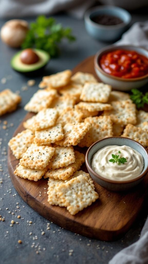 A wooden platter with sesame rice crackers and dips, showcasing a crunchy snack option.