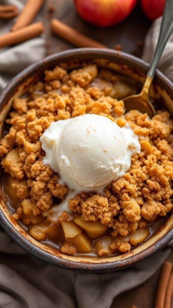 A bowl of spiced apple crisp topped with vanilla ice cream, surrounded by apples and cinnamon sticks.