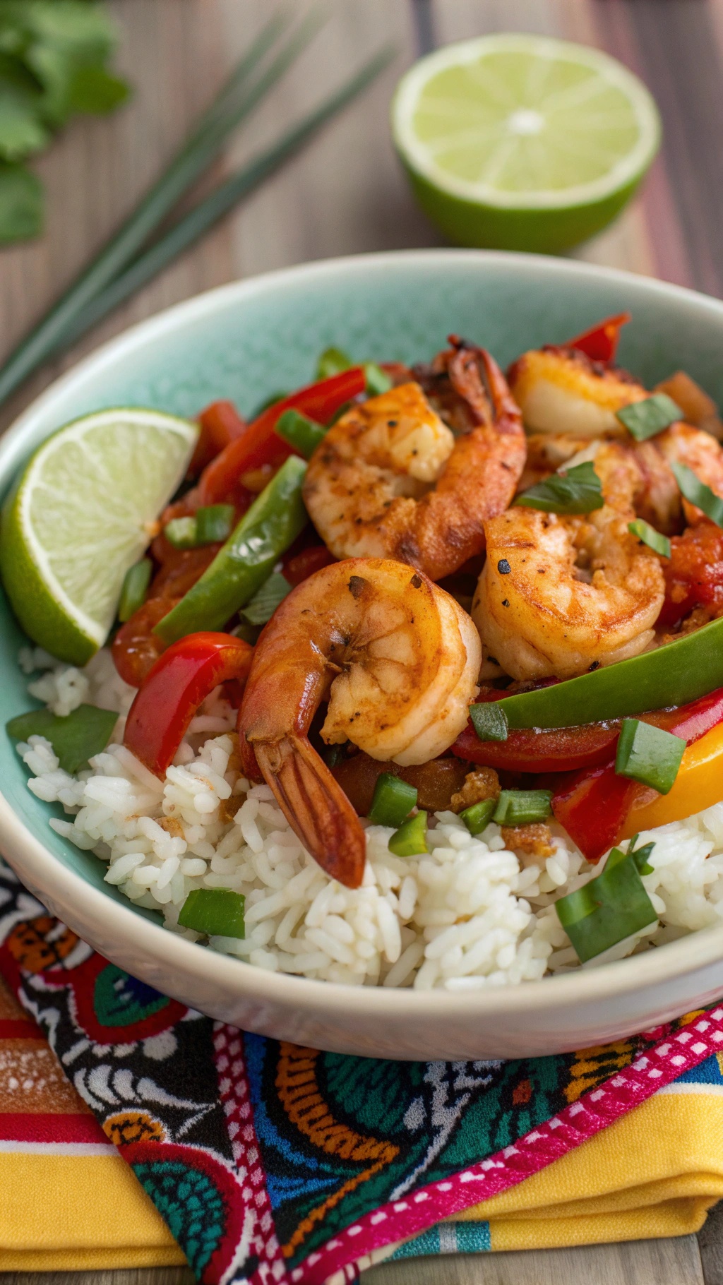 A colorful spicy shrimp and rice bowl with bell peppers and lime.