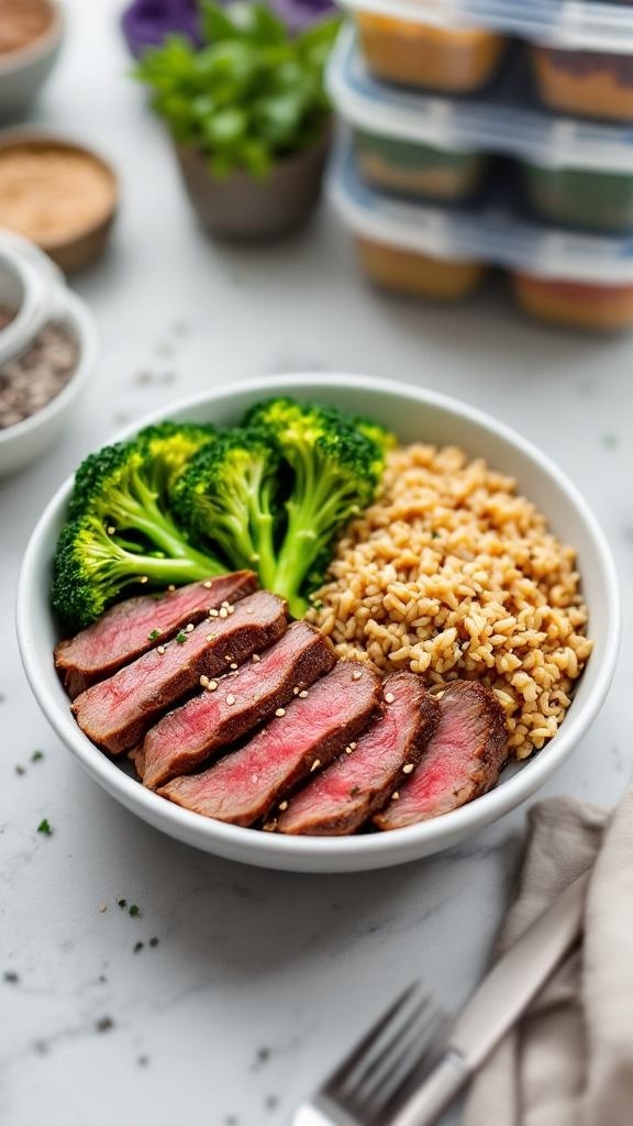 A meal prep bowl with sliced steak, broccoli, and grains.