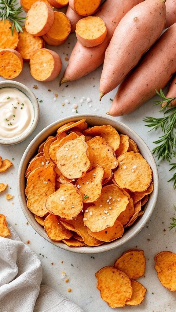 A bowl of crispy sweet potato chips surrounded by whole sweet potatoes and a small bowl of dip.