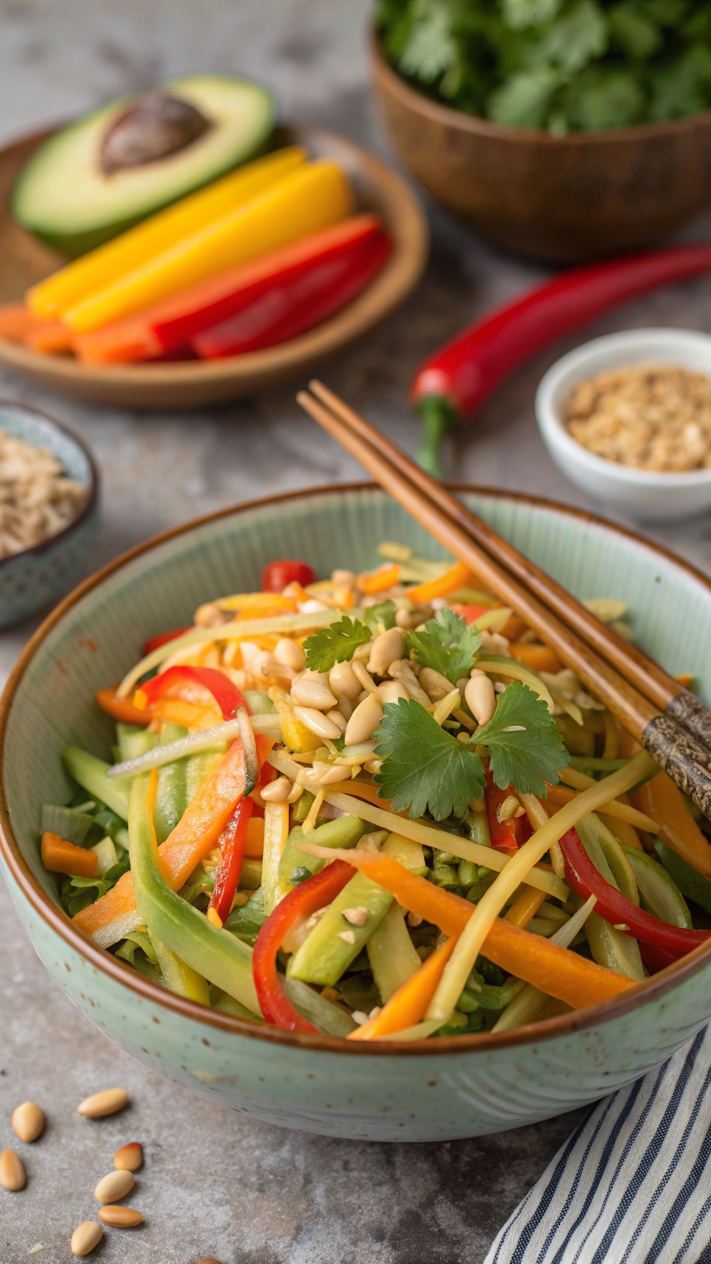 A vibrant Thai mango salad with colorful bell peppers, cucumbers, and topped with peanuts.