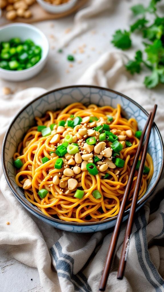 A bowl of Thai peanut noodles topped with peanuts and green onions, served with chopsticks.