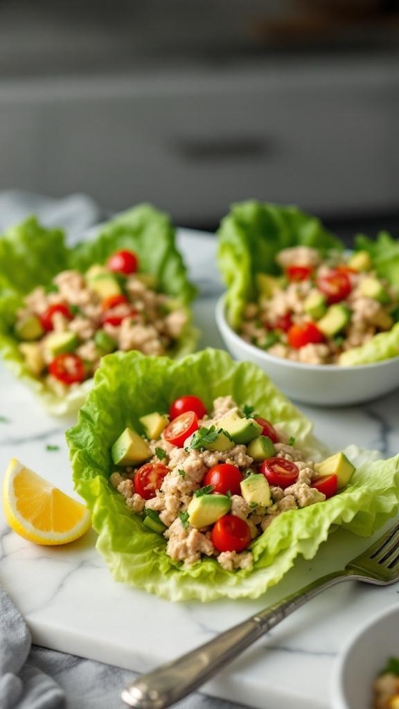 Tuna salad lettuce wraps with cherry tomatoes and avocado on a marble surface