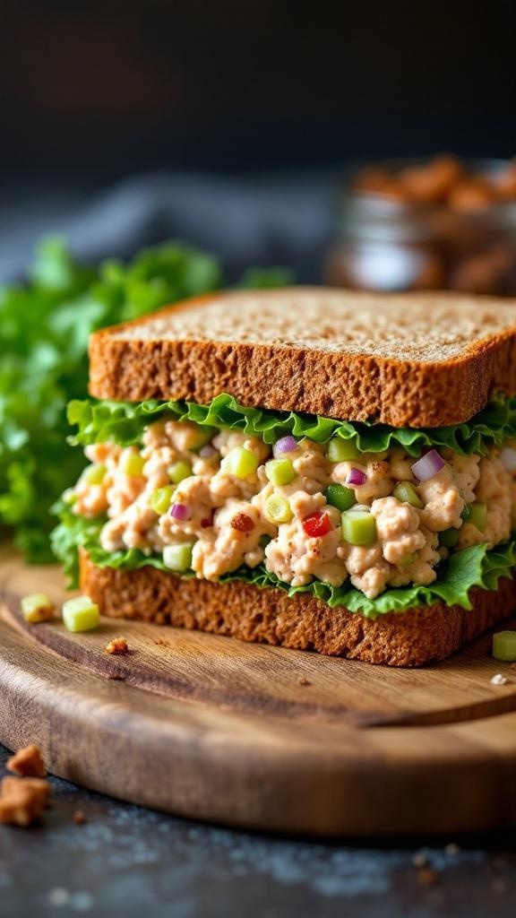 A delicious tuna salad sandwich made with Greek yogurt, served on whole grain bread with lettuce.