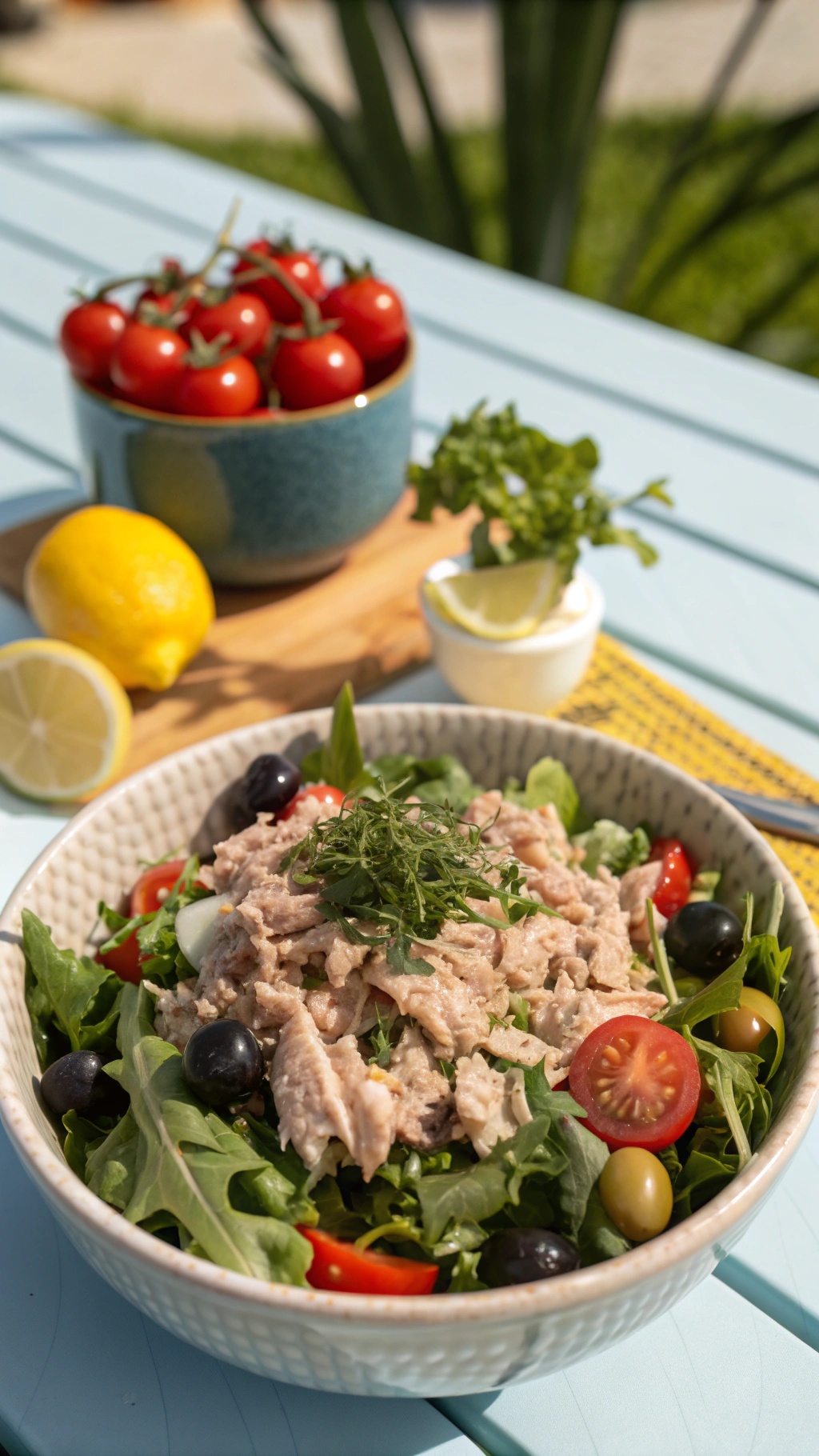A bowl of tuna salad with mixed greens, olives, and cherry tomatoes, garnished with fresh herbs, served on a light blue table.