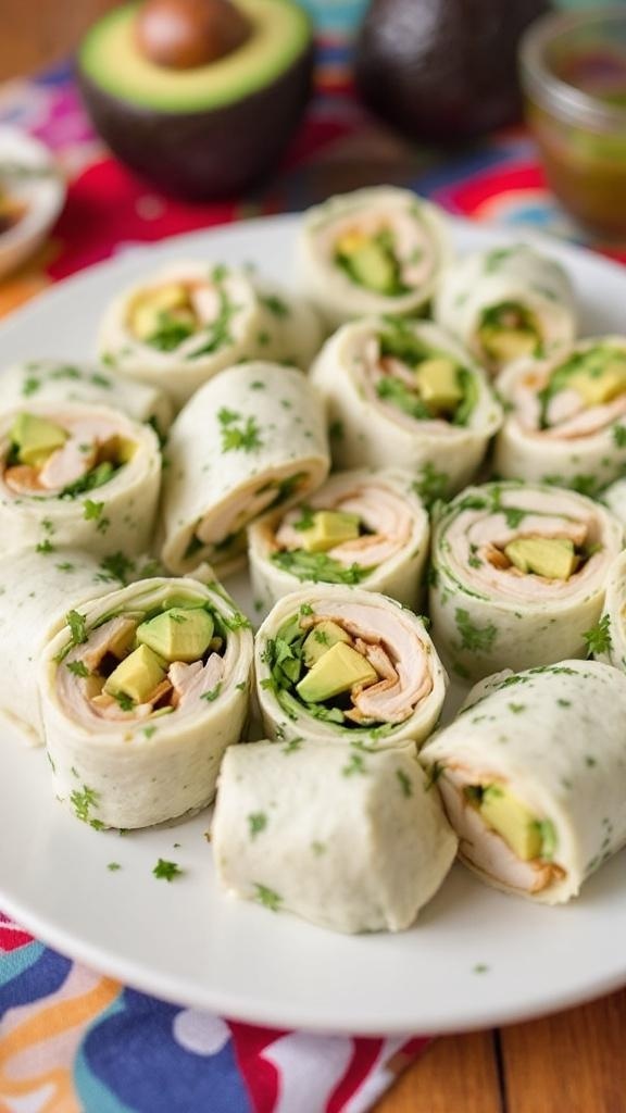 Plate of turkey and avocado roll-ups with fresh herbs