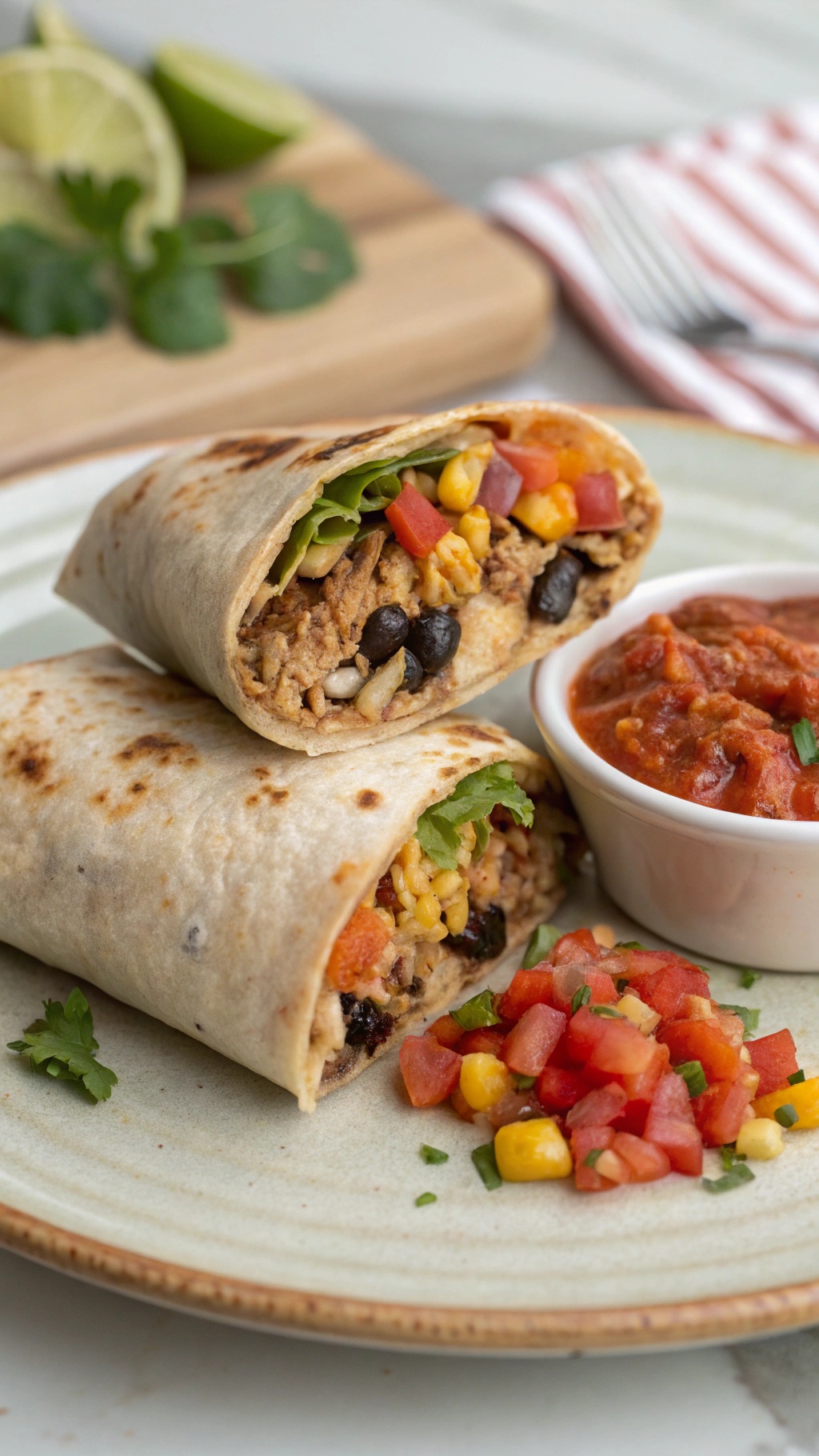 Turkey and black bean burritos with salsa and diced tomatoes on a plate.