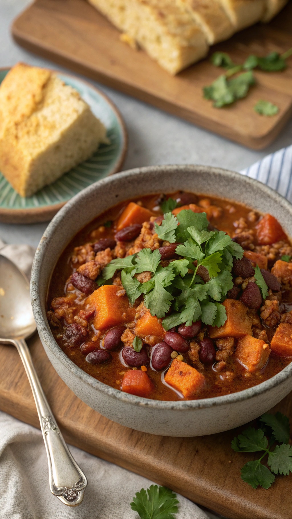 A bowl of turkey and sweet potato chili topped with cilantro, with cornbread on the side.