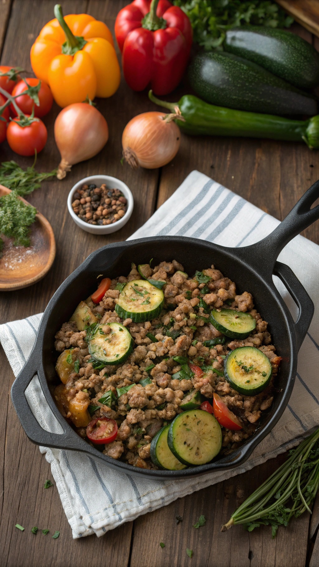 A colorful turkey and zucchini skillet with fresh vegetables on a wooden table.