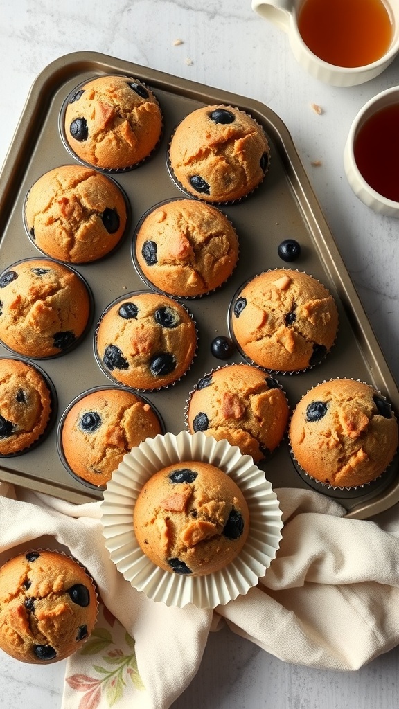 A tray of freshly baked vegan muffins with blueberries
