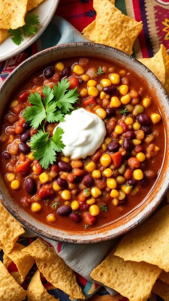 A bowl of vegetarian chili topped with cilantro and sour cream, surrounded by tortilla chips.