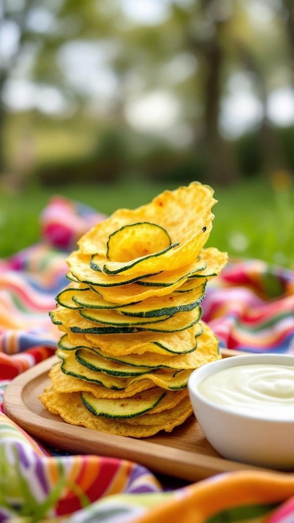 A stack of golden zucchini chips on a wooden plate with a creamy dip, set against a colorful background.