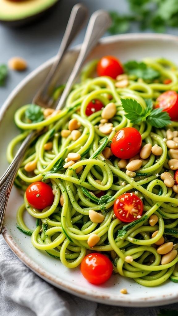 A plate of zucchini noodles topped with avocado pesto, cherry tomatoes, and pine nuts.