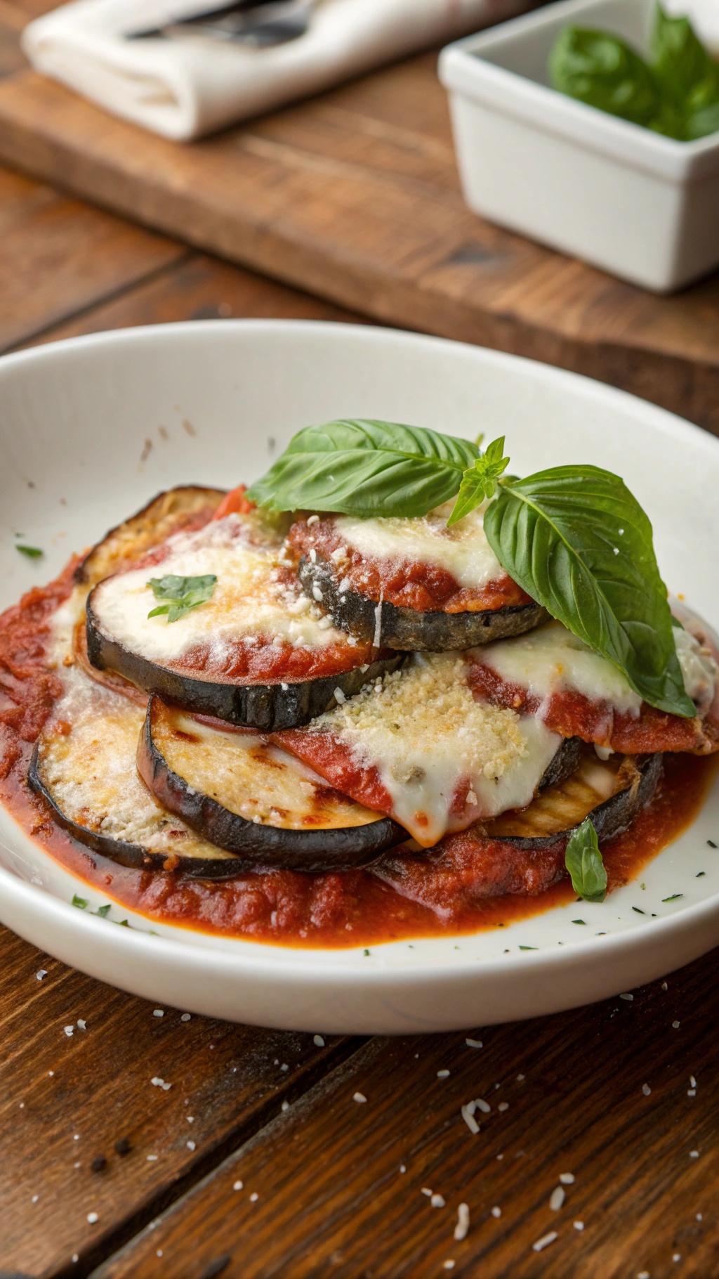 A plate of eggplant parmesan with layers of eggplant, marinara sauce, and melted cheese, garnished with fresh basil.