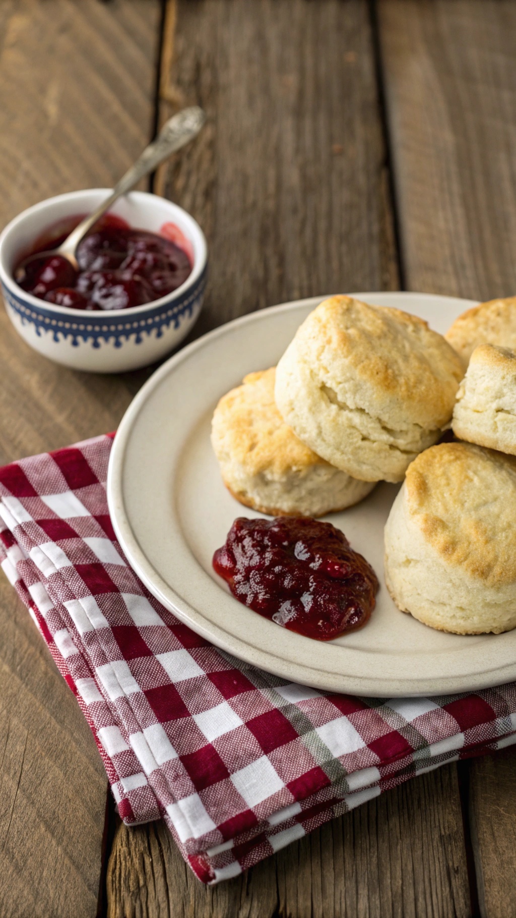 Fluffy biscuits with homemade jam on a rustic wooden table