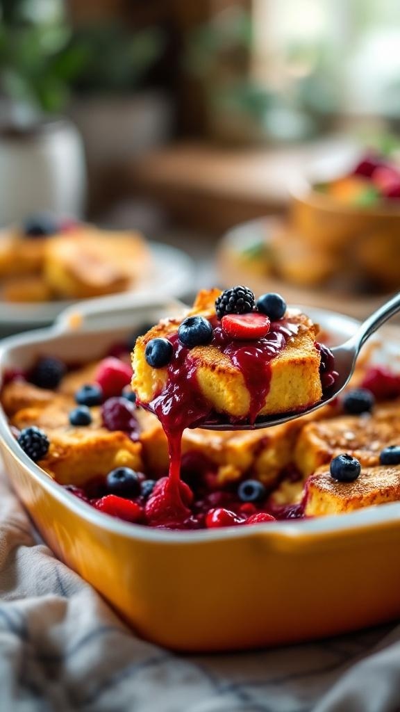 A delicious French toast casserole topped with mixed berries, served in a baking dish.