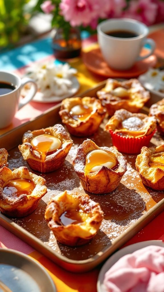 A tray of golden-brown French toast muffins, dusted with powdered sugar, surrounded by coffee cups and flowers.