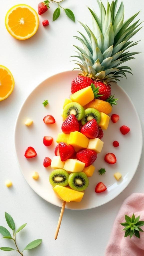 Colorful fruit skewers with strawberries, kiwi, mango, and pineapple on a plate.