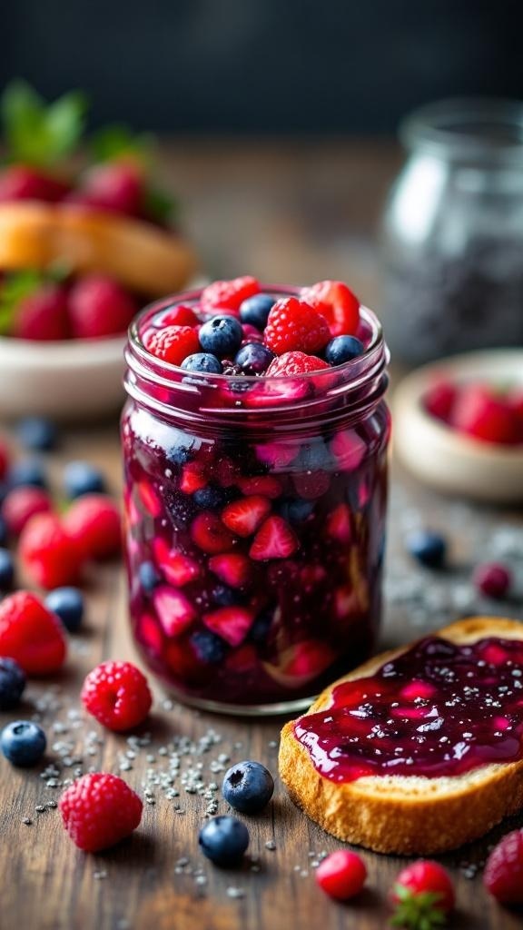 A jar of fresh berry chia seed jam surrounded by raspberries and blueberries on a wooden table.