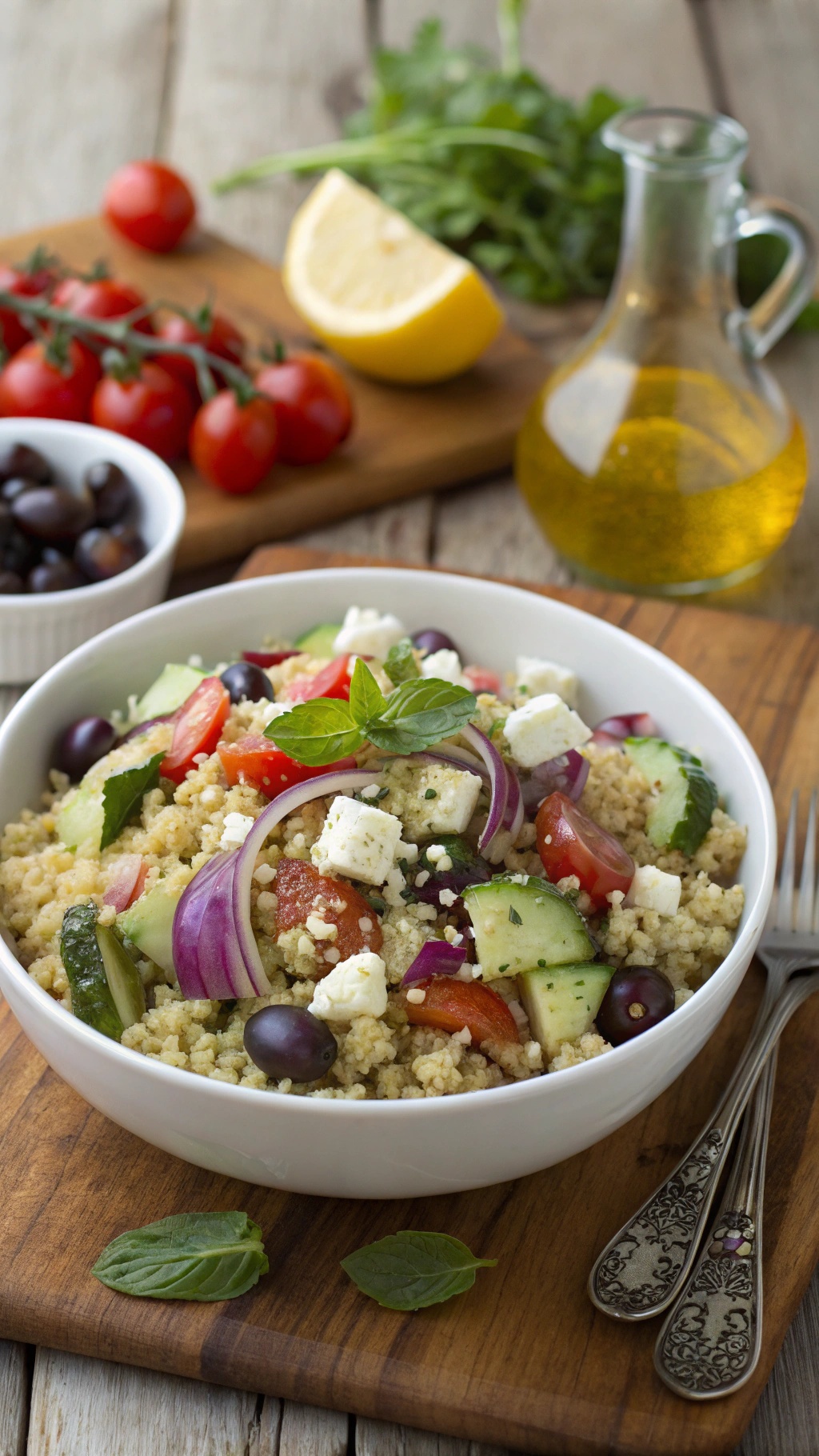 A bowl of Mediterranean quinoa salad with fresh vegetables, feta cheese, and olives, garnished with mint leaves.