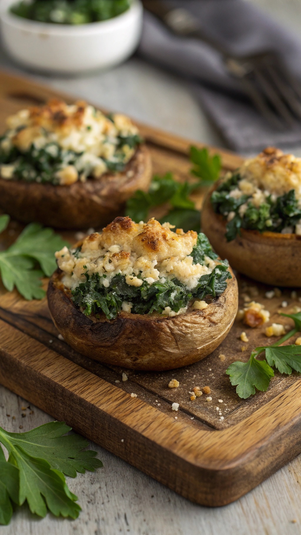 Stuffed portobello mushrooms with spinach and feta on a wooden cutting board