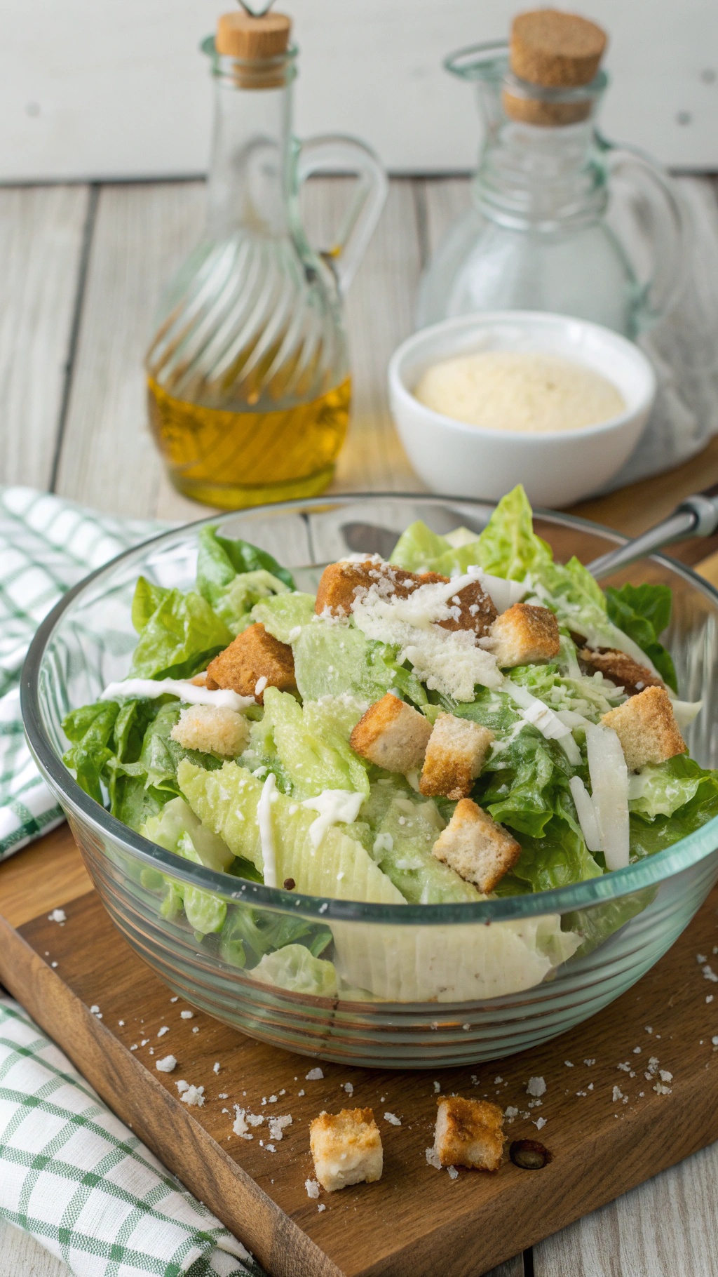 A bowl of Caesar salad with croutons and Parmesan cheese, with olive oil and grated cheese in the background.
