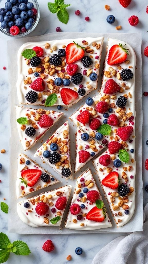 Healthy yogurt bark topped with berries and granola, sliced into pieces