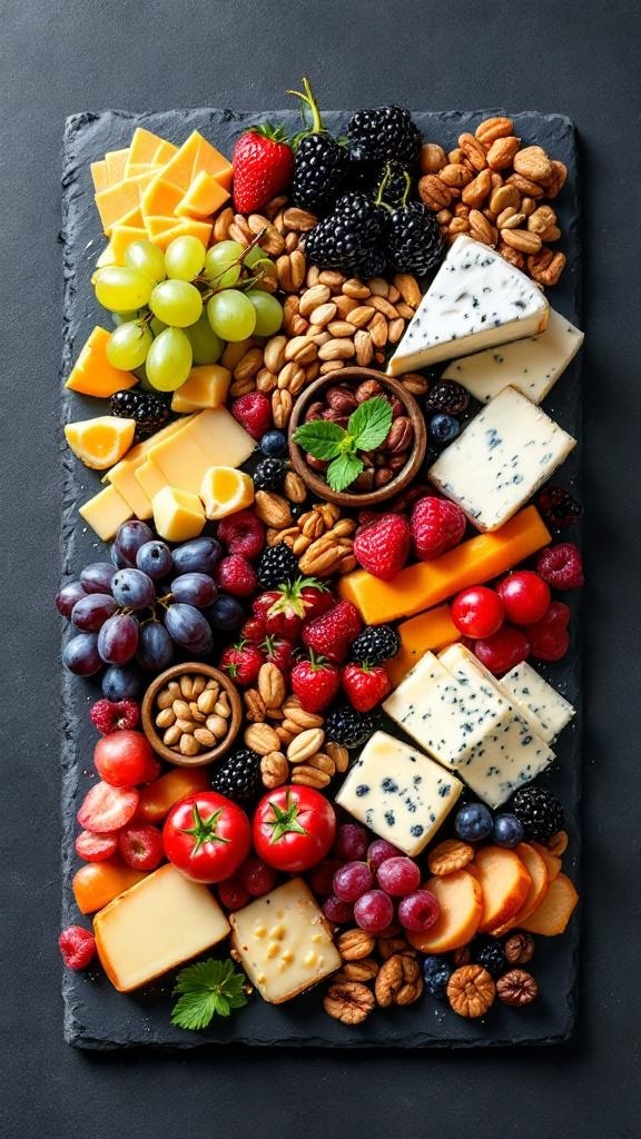 A colorful fruit and cheese platter featuring various cheeses, fruits, and nuts.