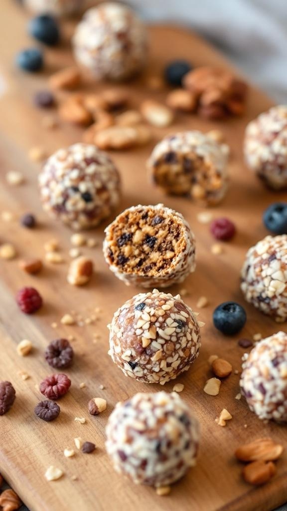 A variety of fruit and nut energy balls on a wooden board, some whole and one cut in half to show the inside.