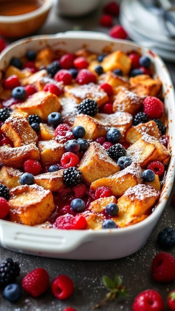 A delicious Mixed Berry French Toast Casserole topped with fresh berries and powdered sugar.