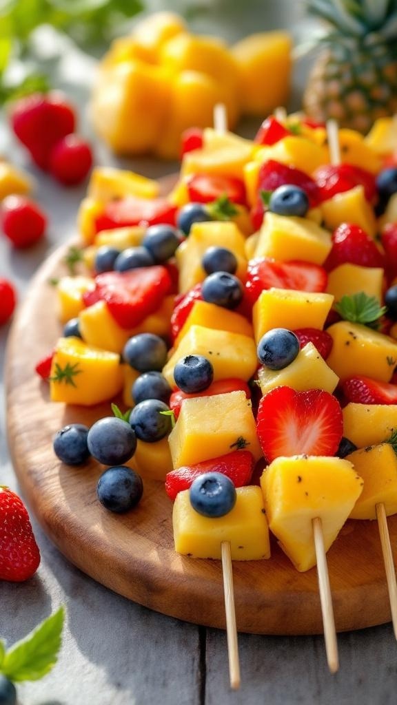 Colorful fruit kabobs with strawberries, blueberries, pineapple, and mango on wooden skewers.