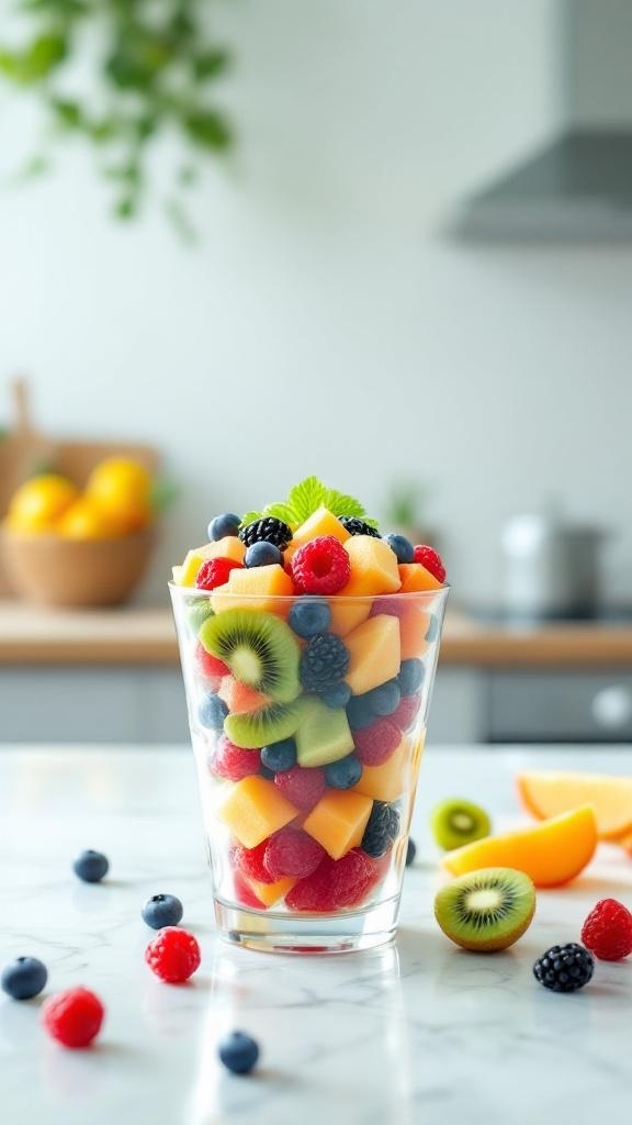 A colorful fruit salad cup filled with various fruits like berries, kiwi, and melon.