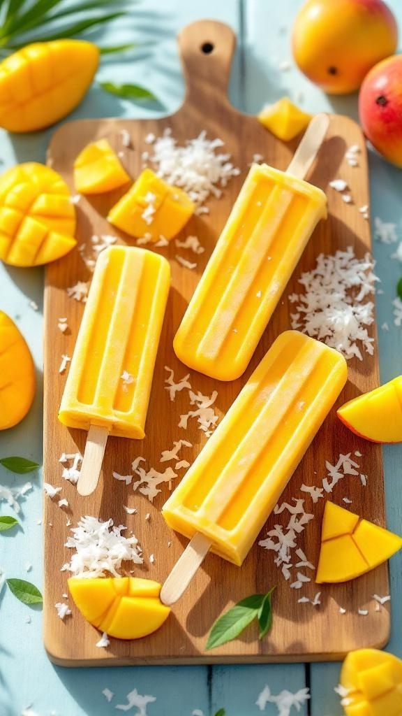 Mango Coconut Popsicles on a wooden board with fresh mango and shredded coconut