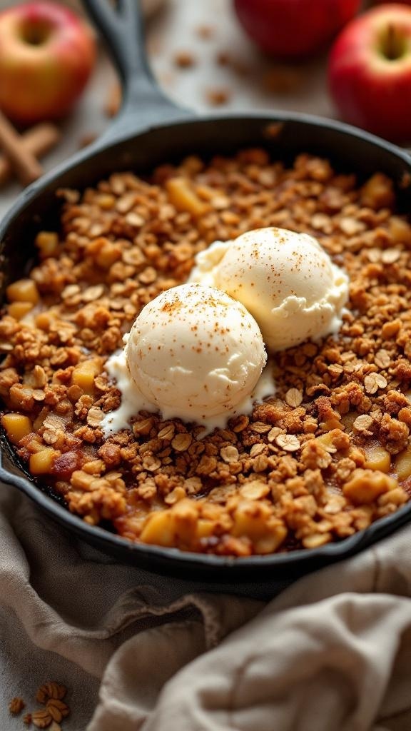 A delicious spiced apple crisp topped with oat mixture and served with ice cream.