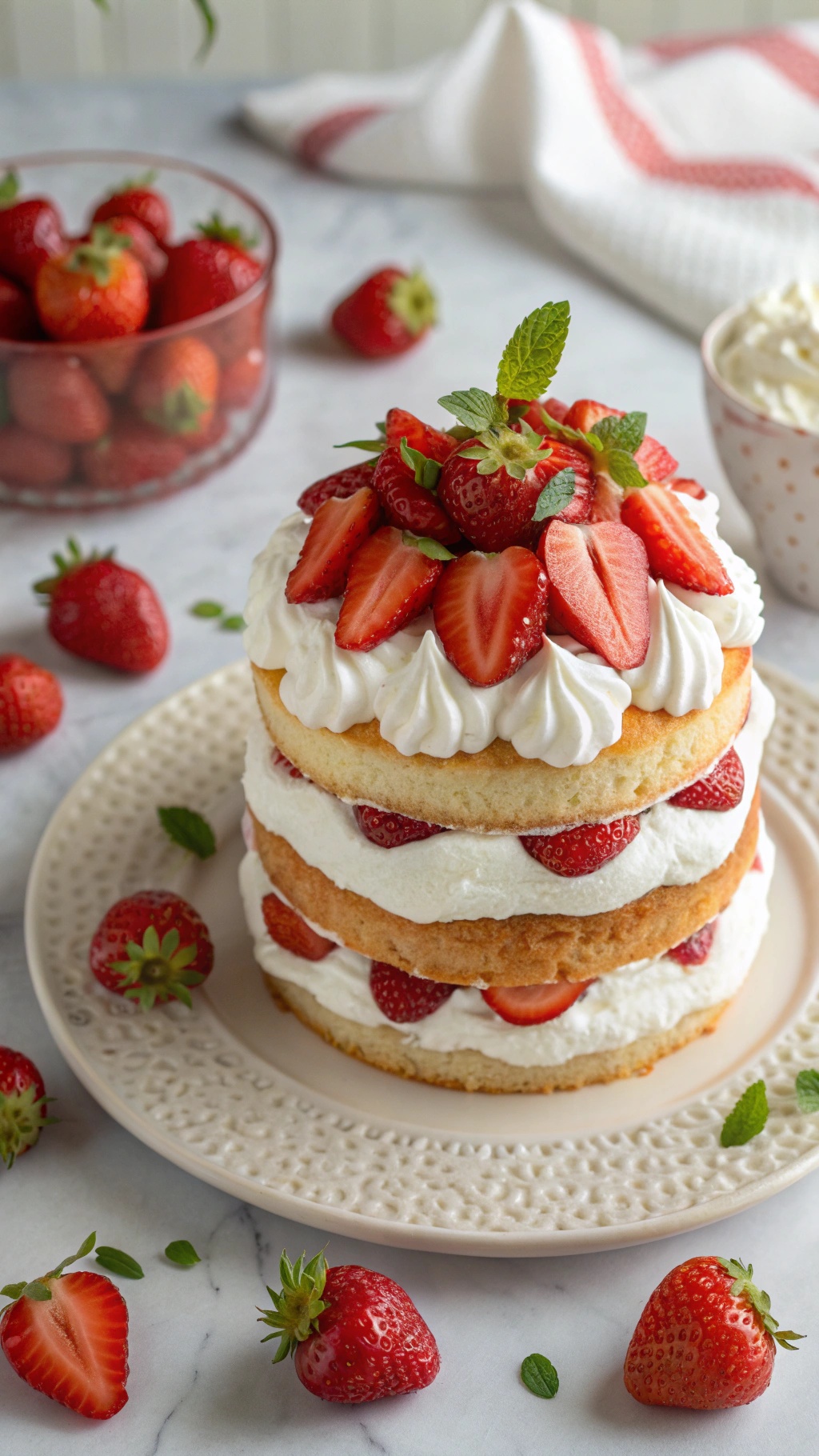 A delicious low-sugar strawberry shortcake with layers of whipped cream and fresh strawberries on top.