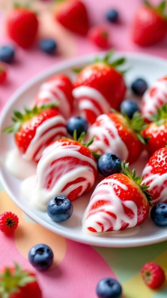A plate of yogurt-dipped strawberries and blueberries on a colorful background.