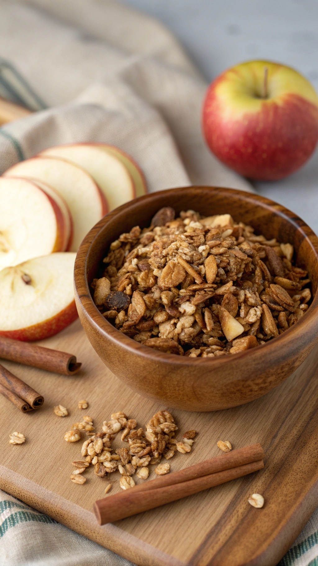 A bowl of apple cinnamon granola with apple slices and cinnamon sticks