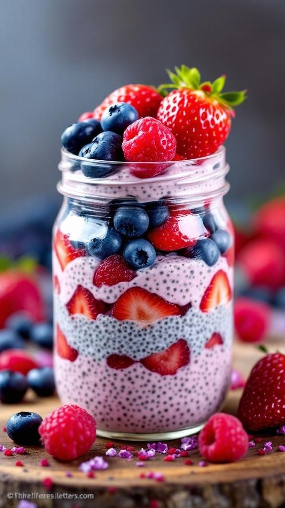 A jar of fruity berry medley chia pudding layered with strawberries, blueberries, and raspberries.