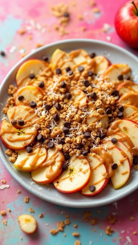 A plate of healthy apple nachos topped with peanut butter, granola, chocolate chips, and shredded coconut.