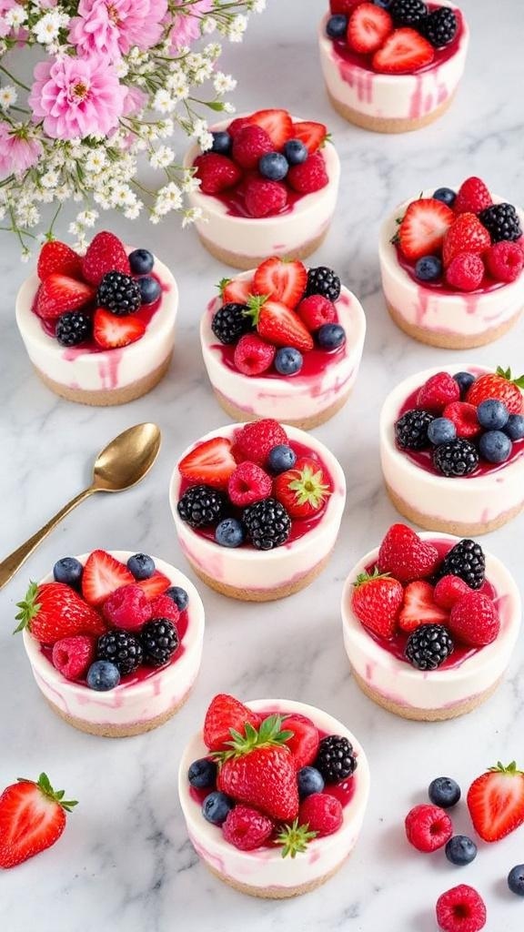 No-bake berry cheesecake cups topped with fresh strawberries, blueberries, raspberries, and blackberries.