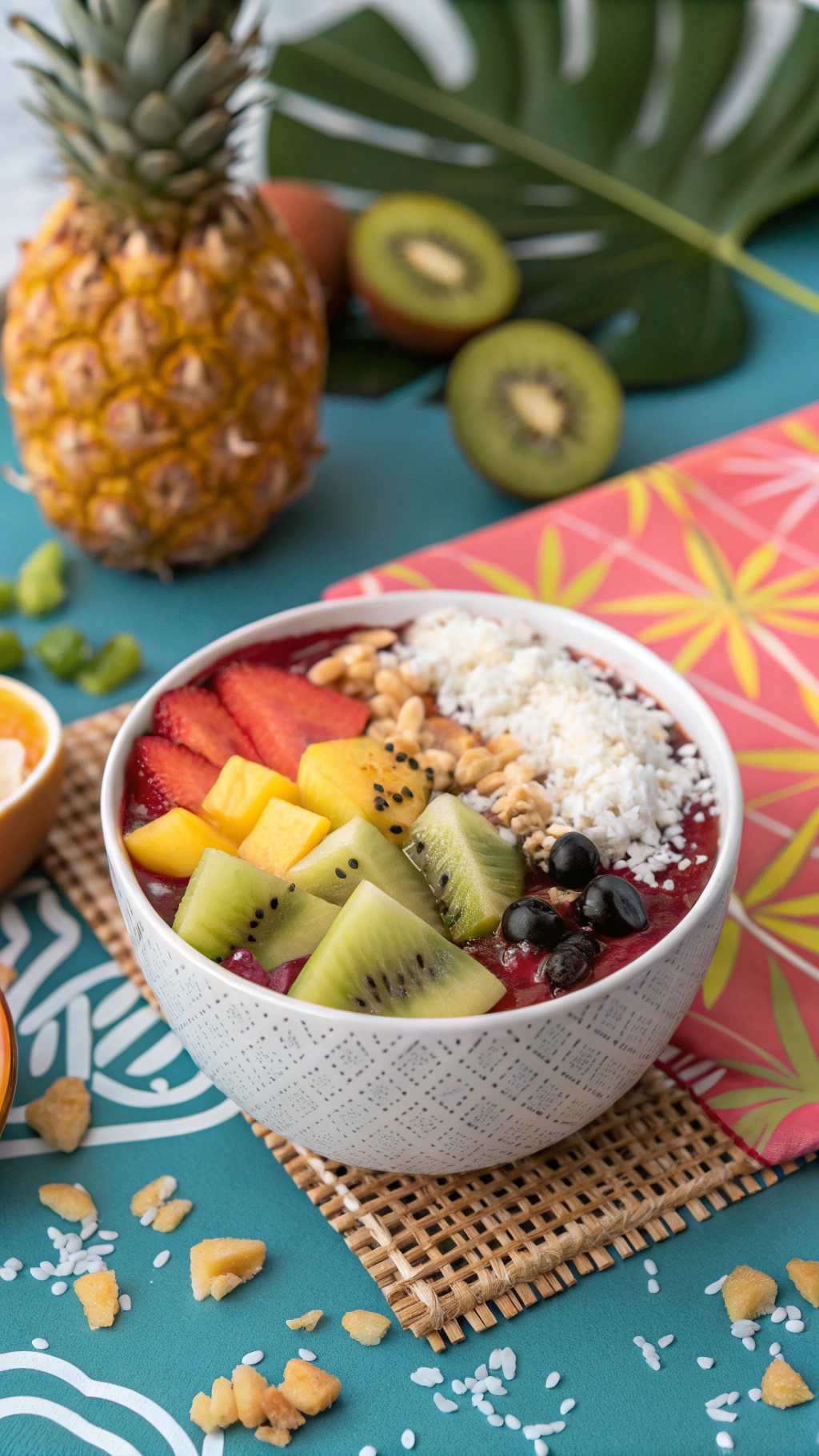 A colorful acai bowl topped with tropical fruits like strawberries, mangoes, kiwis, and blueberries, served on a vibrant background.
