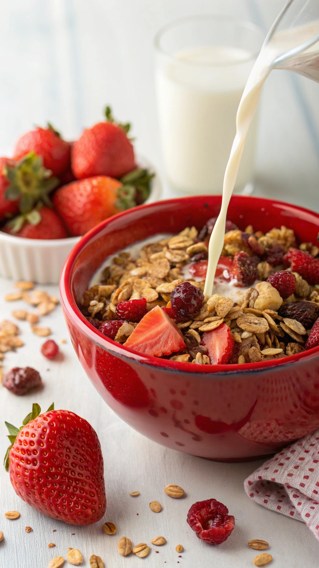 A bowl of strawberry granola with fresh strawberries and milk being poured over it.