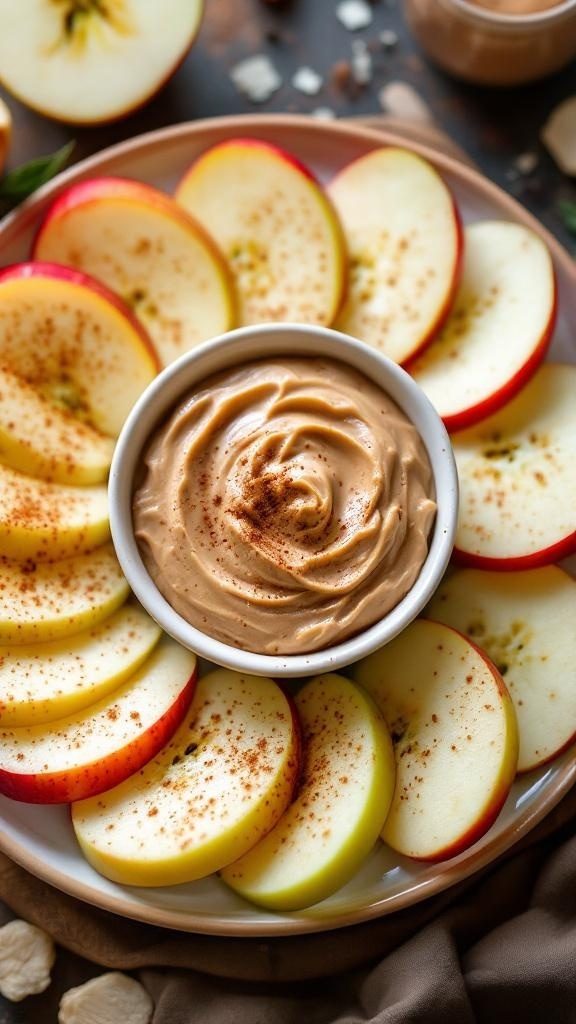 A plate of apple slices arranged around a bowl of nut butter, sprinkled with cinnamon.