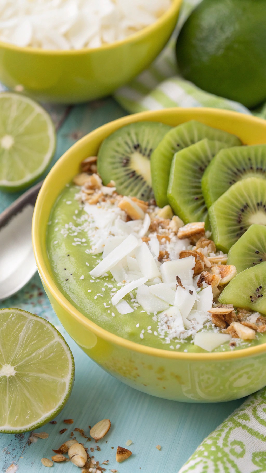 A vibrant kiwi lime smoothie bowl topped with granola, shredded coconut, and kiwi slices.