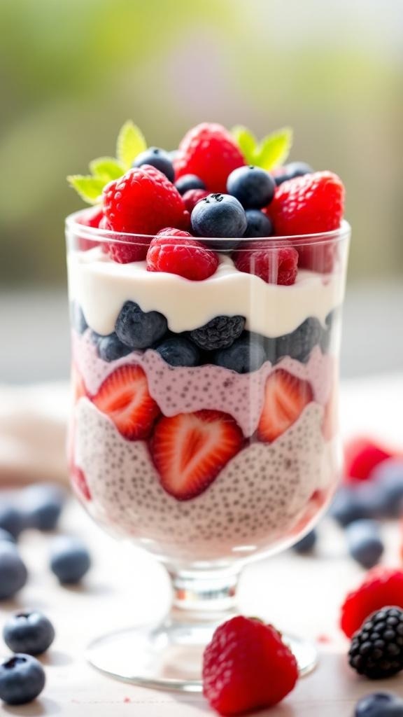 A colorful chia seed pudding parfait layered with strawberries, blueberries, and raspberries.