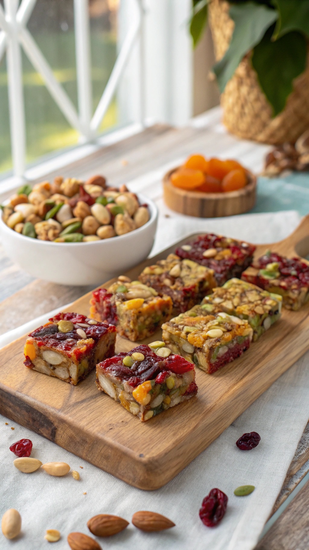 A wooden board with colorful fruity no-bake nut bars and a bowl of mixed nuts in the background.