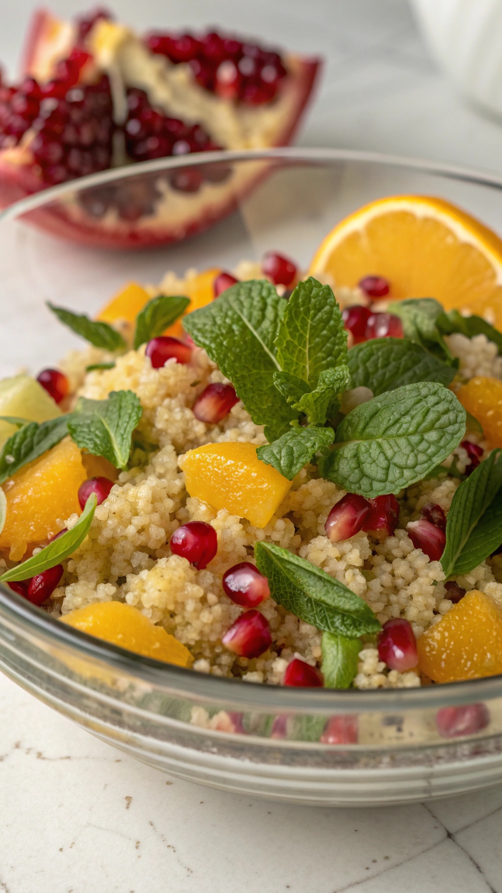 A colorful bowl of fruity quinoa salad with pomegranate seeds, orange pieces, and fresh mint leaves.